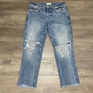 We the Free People Distressed Boyfriend Jeans Raw Frayed Hem Blue Sz 29.